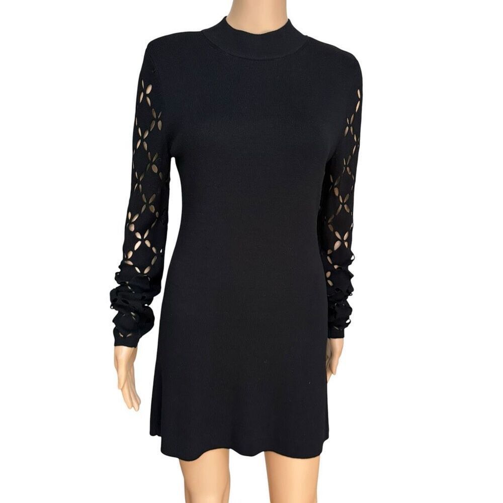 White House Black Market Black Sweater Dress Cut Out Floral/Geometric Sleeves M